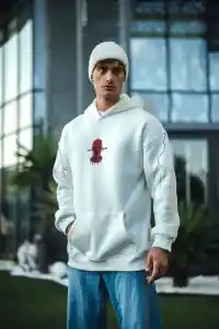 Erkek Kapüşonlu Kanguru Cepli Sweatshirt 3 İplik Pamuklu Baskılı Hoodie -  Beyaz