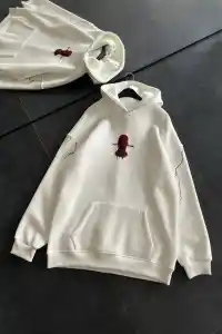 Kadın Kapüşonlu Kanguru Cepli Sweatshirt 3 İplik Pamuklu Baskılı Hoodie - Beyaz