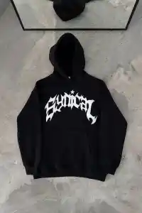 Kadın Kapüşonlu Kanguru Cepli Sweatshirt 3 İplik Pamuklu Baskılı Hoodie -  Siyah