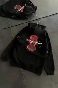 Kadın Kapüşonlu Kanguru Cepli Sweatshirt 3 İplik Pamuklu Baskılı Hoodie - Siyah