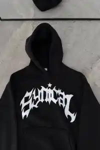 Kadın Kapüşonlu Kanguru Cepli Sweatshirt 3 İplik Pamuklu Baskılı Hoodie -  Siyah