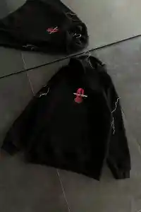 Kadın Kapüşonlu Kanguru Cepli Sweatshirt 3 İplik Pamuklu Baskılı Hoodie - Siyah