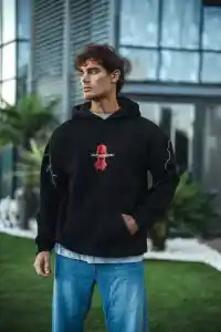 Erkek Kapüşonlu Kanguru Cepli Sweatshirt 3 İplik Pamuklu Baskılı Hoodie -  Siyah