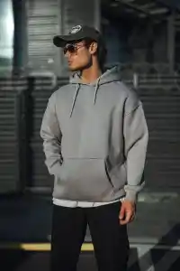 Erkek 3 İplik Penye Kapüşonlu Basic SweatShirt Hoodie - Boyalı Gri
