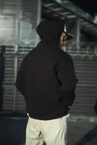 Erkek 3 İplik Pamuklu Kapüşonlu Basic SweatShirt Hoodie - Siyah