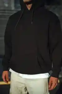Erkek 3 İplik Pamuklu Kapüşonlu Basic SweatShirt Hoodie - Siyah