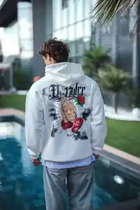 Erkek Kapüşonlu Kanguru Cepli Sweatshirt 3 İplik Pamuklu Baskılı Hoodie - Beyaz