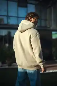 Kadın 3 İplik Pamuklu Kapüşonlu Kanguru Cepli Oversize Hoodie Sweatshirt - Bej