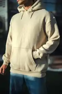 Kadın 3 İplik Pamuklu Kapüşonlu Kanguru Cepli Oversize Hoodie Sweatshirt - Bej