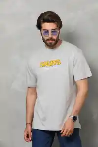 Erkek Kısa Kol Yazlık Tişört Bisiklet Yaka Baskılı Oversize T-Shirt - Gri