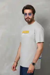 Erkek Kısa Kol Yazlık Tişört Bisiklet Yaka Baskılı Oversize T-Shirt - Gri