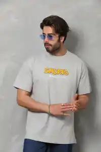Erkek Kısa Kol Yazlık Tişört Bisiklet Yaka Baskılı Oversize T-Shirt - Gri