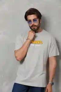 Erkek Kısa Kol Yazlık Tişört Bisiklet Yaka Baskılı Oversize T-Shirt - Gri