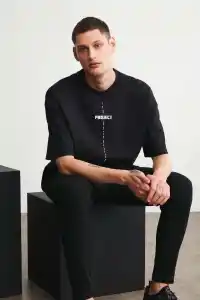 Erkek Baskılı T-Shirt Kısa Kol Bisiklet Yaka Regular Fit Rahat Kalıp Tişört - Siyah