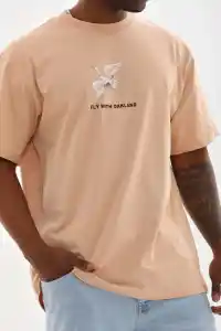 Erkek Baskılı T-Shirt Kısa Kol Bisiklet Yaka Rahat Kalıp Tişört - Bej