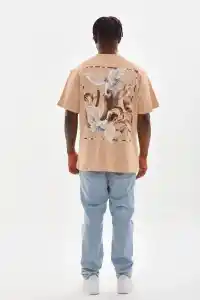 Erkek Baskılı T-Shirt Kısa Kol Bisiklet Yaka Rahat Kalıp Tişört - Bej