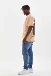 Erkek Baskılı T-Shirt Kısa Kol Bisiklet Yaka Rahat Kalıp Tişört  - Bej