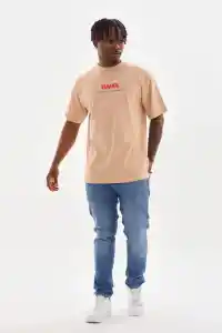 Erkek Baskılı T-Shirt Kısa Kol Bisiklet Yaka Rahat Kalıp Tişört  - Bej