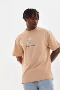 Erkek Baskılı T-Shirt Kısa Kol Bisiklet Yaka Rahat Kalıp Tişört - Bej
