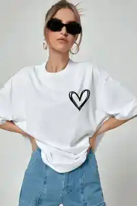 Kadın Tişort Kalp Baskılı Bisiklet yaka Kısa kol T-Shirt - Beyaz