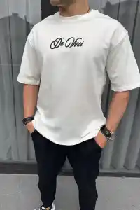 Erkek Baskılı T-Shirt Kısa Kol Bisiklet Yaka Regular Fit Rahat Kalıp Günlük Tişört - Beyaz
