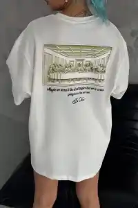 Kadın Baskılı T-Shirt Kısa Kol Bisiklet Yaka Oversize Rahat Kalıp Günlük Tişört - Beyaz
