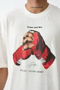 Erkek Box Eldiven Baskılı T-Shirt Kısa Kol Bisiklet Yaka Tişört - Beyaz