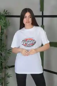 Kadın Kısa Kol Yazlık Tişört Bisiklet Yaka Baskılı Oversize T-Shirt - Beyaz
