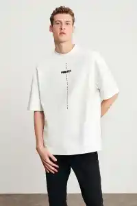 Erkek Baskılı T-Shirt Kısa Kol Bisiklet Yaka Regular Fit Rahat Kalıp Tişört - Beyaz