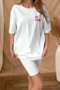 Kadın Baskılı T-Shirt Kısa Kol Bisiklet Yaka Oversize Rahat Kalıp Tişört - Beyaz
