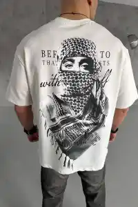 Erkek Kısa Kol Tişört Bisiklet Yaka Filistin Poşulu Baskılı T-Shirt - Beyaz