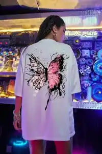 Kadın Tişört Kelebek Baskılı Oversize Kısa Kol T-Shirt - Beyaz