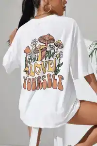 Kadın Baskılı Oversize kısa kol T-Shirt - Beyaz