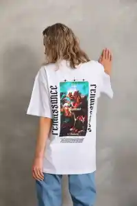 Kadın Kısa Kol Yazlık Tişört Bisiklet Yaka Baskılı Oversize T-Shirt - Beyaz