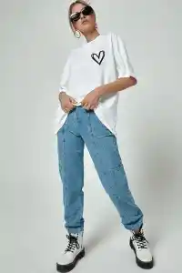 Kadın Tişort Kalp Baskılı Bisiklet yaka Kısa kol T-Shirt - Beyaz
