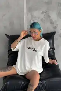 Kadın Baskılı T-Shirt Kısa Kol Bisiklet Yaka Oversize Rahat Kalıp Günlük Tişört - Beyaz