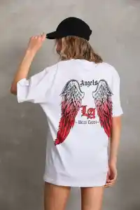 Kadın Baskılı Tişört Kısa Kol Bisiklet Yaka Oversize T-Shirt - Beyaz