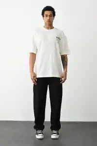 Erkek Kısa Kol Yazlık Tişört Bisiklet Yaka Baskılı Oversize T-Shirt - Beyaz