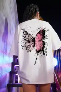 Kadın Tişört Kelebek Baskılı Oversize Kısa Kol T-Shirt - Beyaz