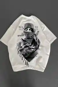 Kadın Kısa Kol Tişört Bisiklet Yaka Filistin Poşülü Baskılı T-Shirt - Beyaz