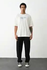Erkek Kısa Kol Yazlık Tişört Bisiklet Yaka Baskılı Oversize T-Shirt -  Beyaz