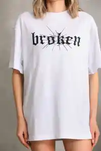 Kadın Kısa Kol Yazlık Tişört Bisiklet Yaka Baskılı Oversize T-Shirt - Beyaz
