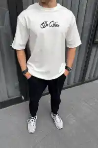 Erkek Baskılı T-Shirt Kısa Kol Bisiklet Yaka Regular Fit Rahat Kalıp Günlük Tişört - Beyaz