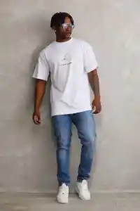 Erkek Baskılı T-Shirt Kısa Kol Bisiklet Yaka Rahat Kalıp Tişört - Beyaz