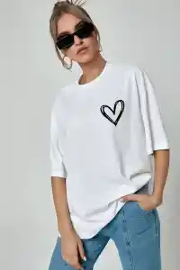 Kadın Tişort Kalp Baskılı Bisiklet yaka Kısa kol T-Shirt - Beyaz