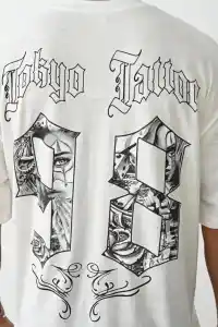 Erkek Kısa Kol Yazlık Tişört Bisiklet Yaka Baskılı Oversize T-Shirt - Beyaz