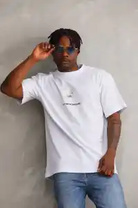 Erkek Baskılı T-Shirt Kısa Kol Bisiklet Yaka Rahat Kalıp Tişört - Beyaz