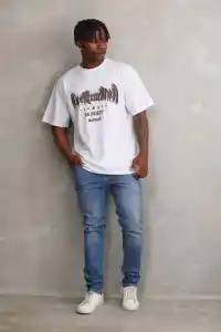 Erkek Baskılı T-Shirt Kısa Kol Bisiklet Yaka Rahat Kalıp Tişört - Beyaz