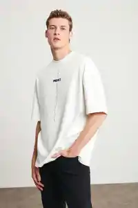 Erkek Baskılı T-Shirt Kısa Kol Bisiklet Yaka Regular Fit Rahat Kalıp Tişört - Beyaz