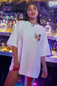 Kadın Tişört Kelebek Baskılı Oversize Kısa Kol T-Shirt - Beyaz